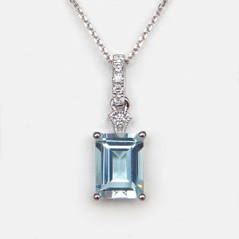 white gold aquamarine and diamond pendant on chain